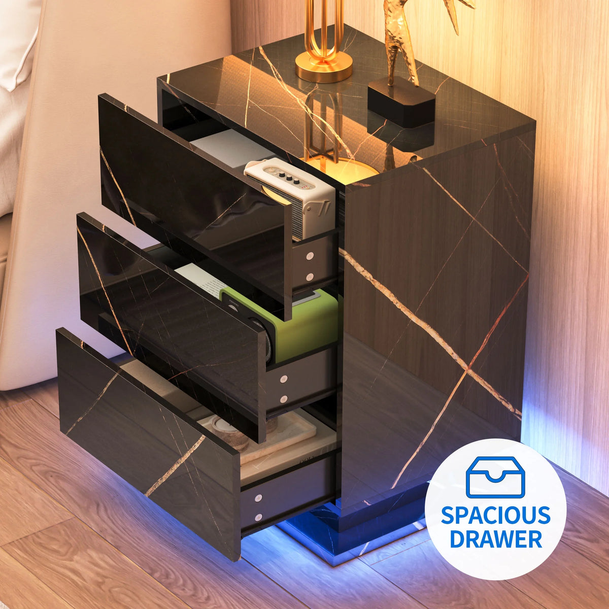 Set of 2 LED Nightstand with Drawer, Marble Black W624239