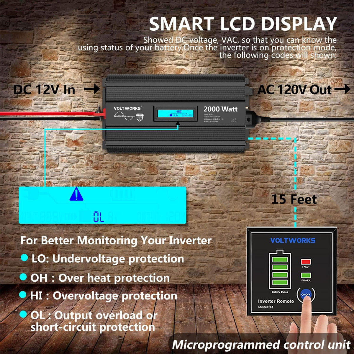 2000Watt DC 12V to 120V AC Car Power Inverter with 2 AC Outlets and LCD Display F95034