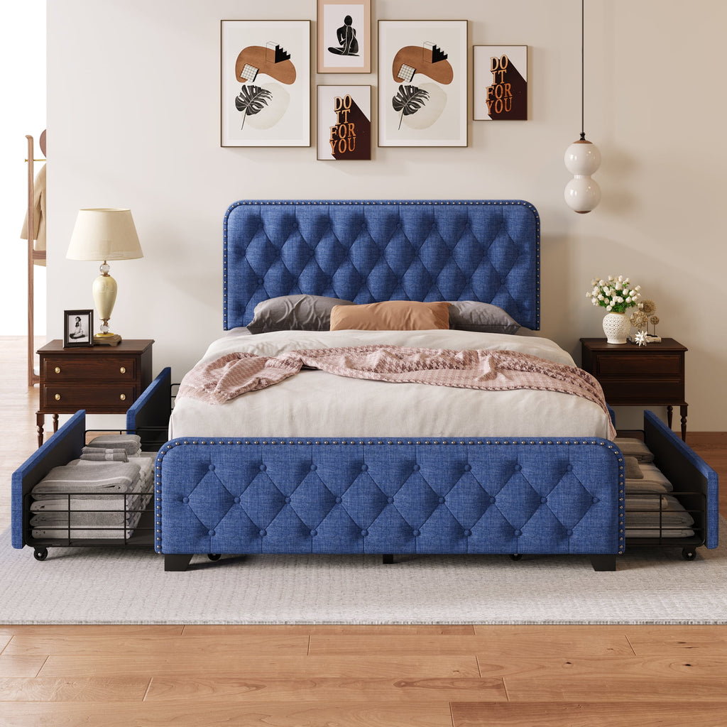 Blue Upholstered Platform Bed Frame with Four Drawers W99836