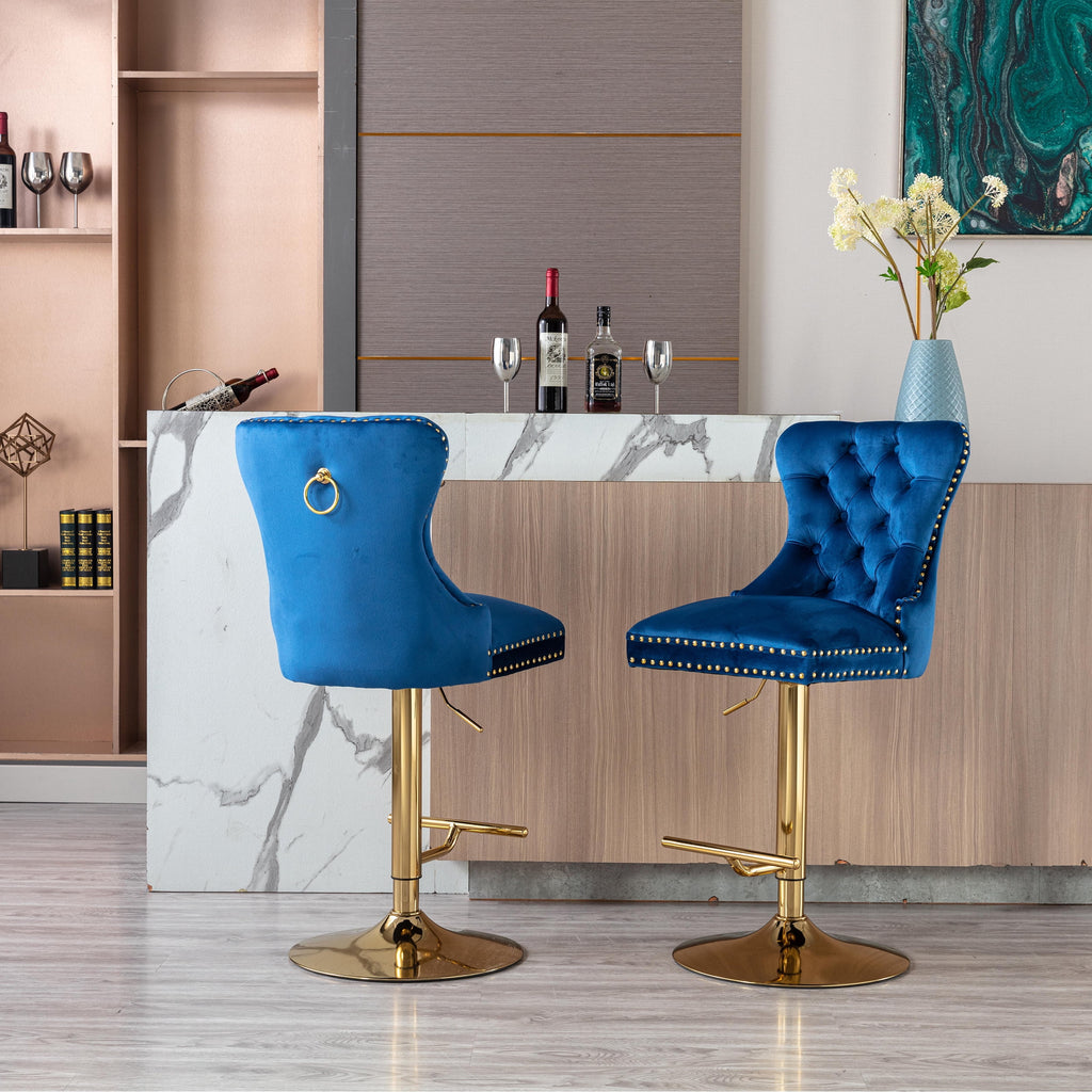Blue Velvet Swivel Bar Stools Set Of 2 Adjustable Counter Height Y90620