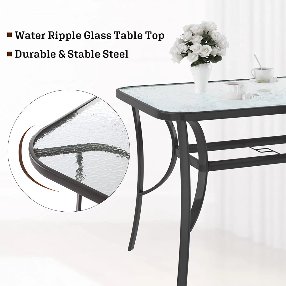 Black 47 inch Tempered Glass Patio Dining Table Q968265