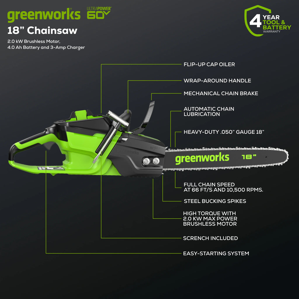 60V 2.0kW Brushless Chainsaw with 4.0 Ah Battery & Charger U5979