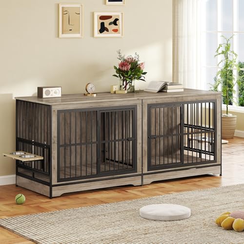 75'' Double Dog Crate Furniture with Double Door Grey Z5687