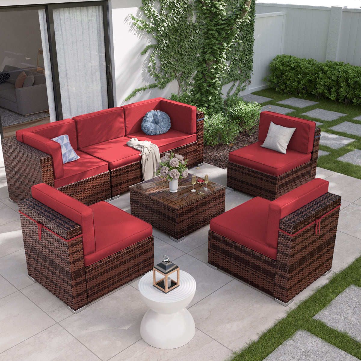 7 Pieces PE Rattan Wicker Patio Furniture Set with Glass Table R95567