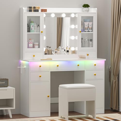 White Vanity Desk with Mirror and Lights C8589