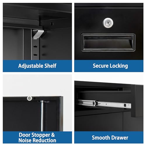Black Steel Storage Cabinet with 2 Lockable Doors and 2 Adjustable Shelves K382