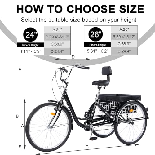 24/26-Inch 3 Wheel Cruiser Bike with Large Basket & Adjustable Seat J89315