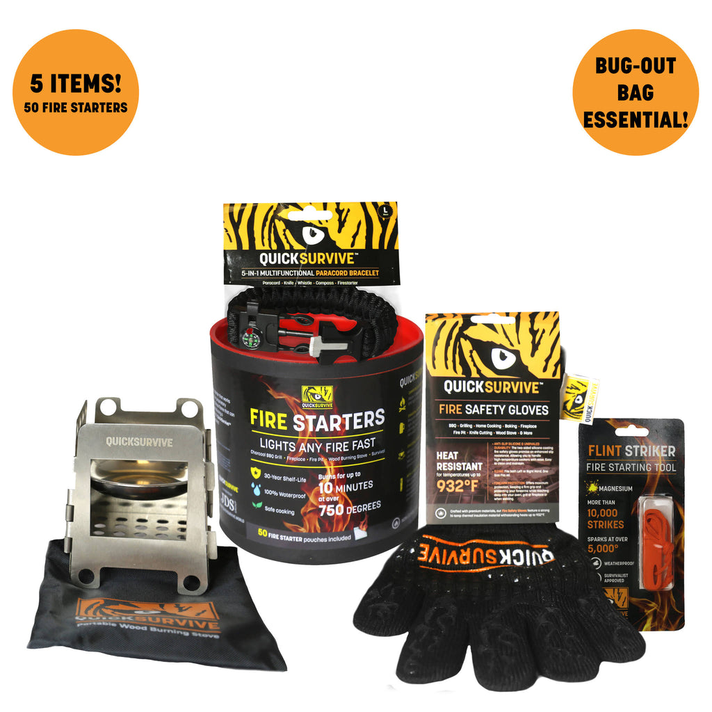 50-Piece Survival Bundle with Fire Starter Canister, Stove, Flint, Paracord & Glove C9903