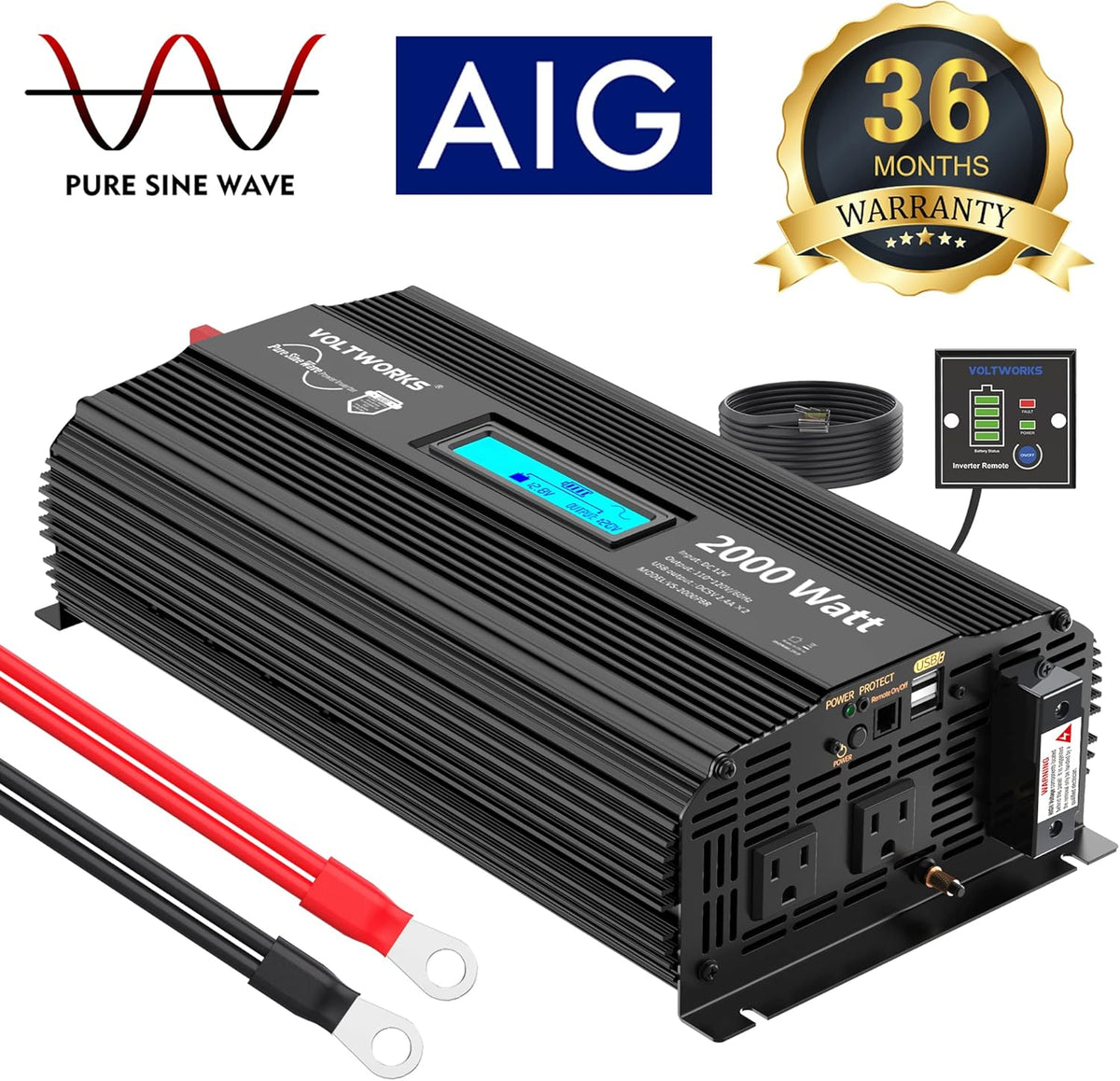 2000Watt DC 12V to 120V AC Car Power Inverter with 2 AC Outlets and LCD Display F95034
