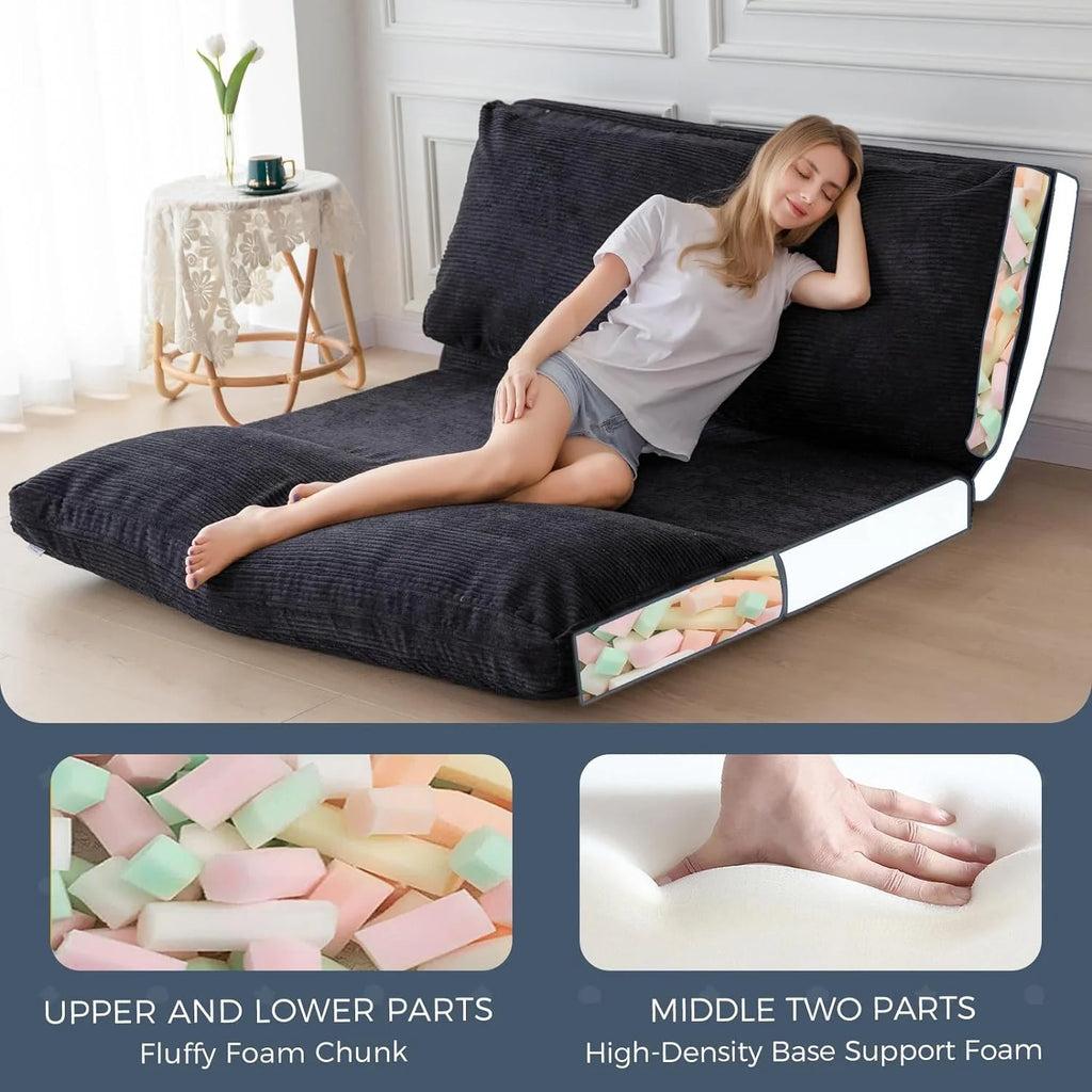 Black Corded Washable Bean Bag Bed Folding Sofa Bed Floor Mattress, 39x95 Inch P228