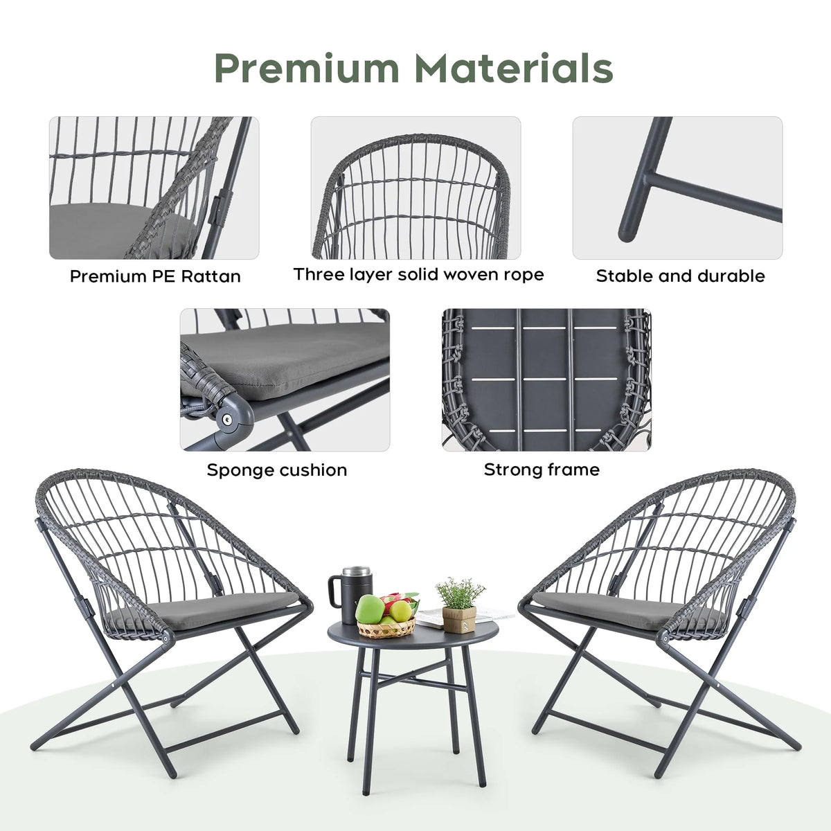 Dark Grey Wicker Patio Chairs with Table, Set of 3 M92973