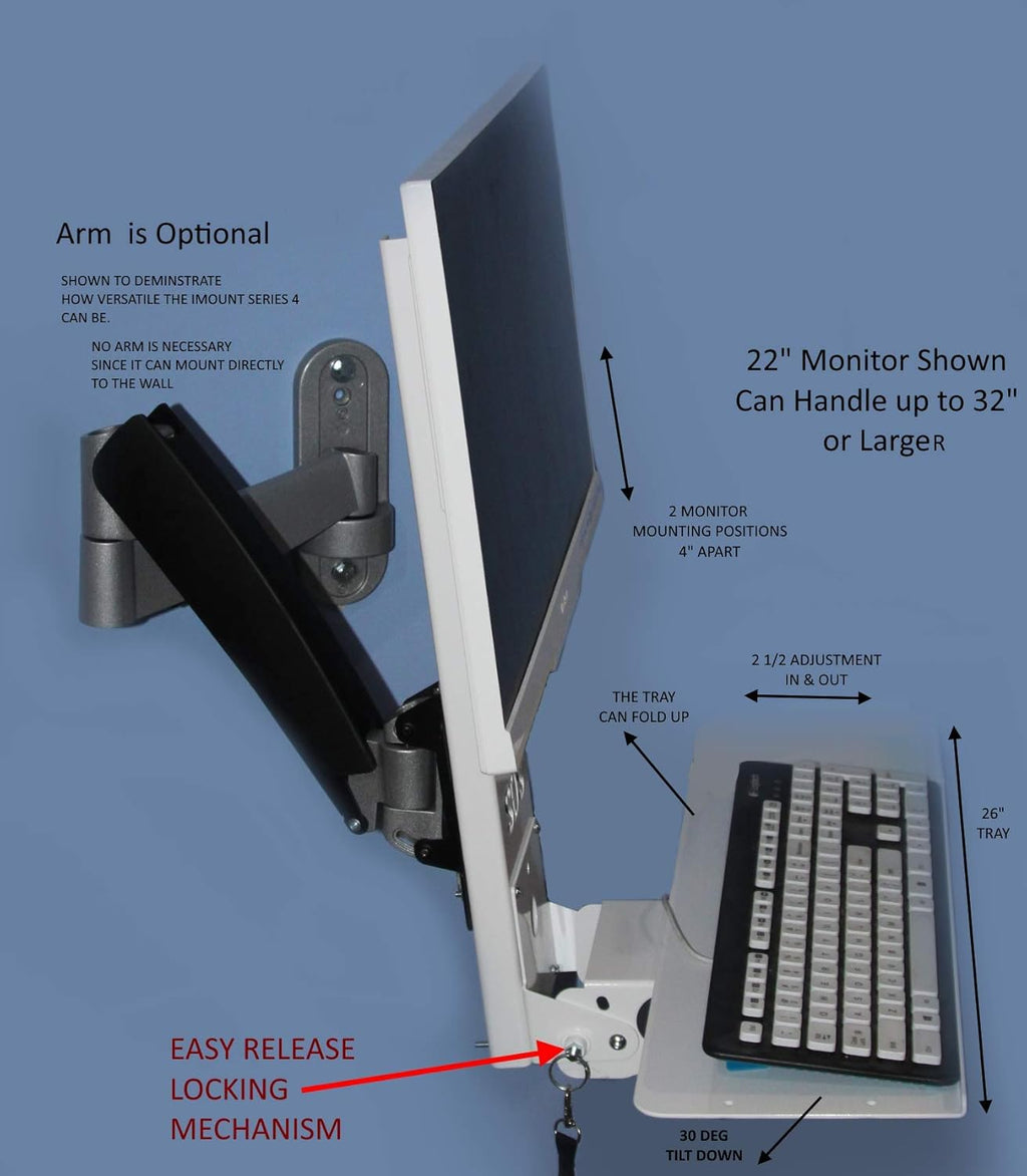 White Adjustable VESA Monitor & Keyboard Wall Mount System with Tilt & Fold-up, 7 x 26 Inch Tray J31968