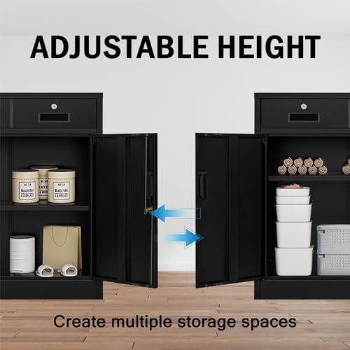 Black Steel Storage Cabinet with 2 Lockable Doors and 2 Adjustable Shelves K382