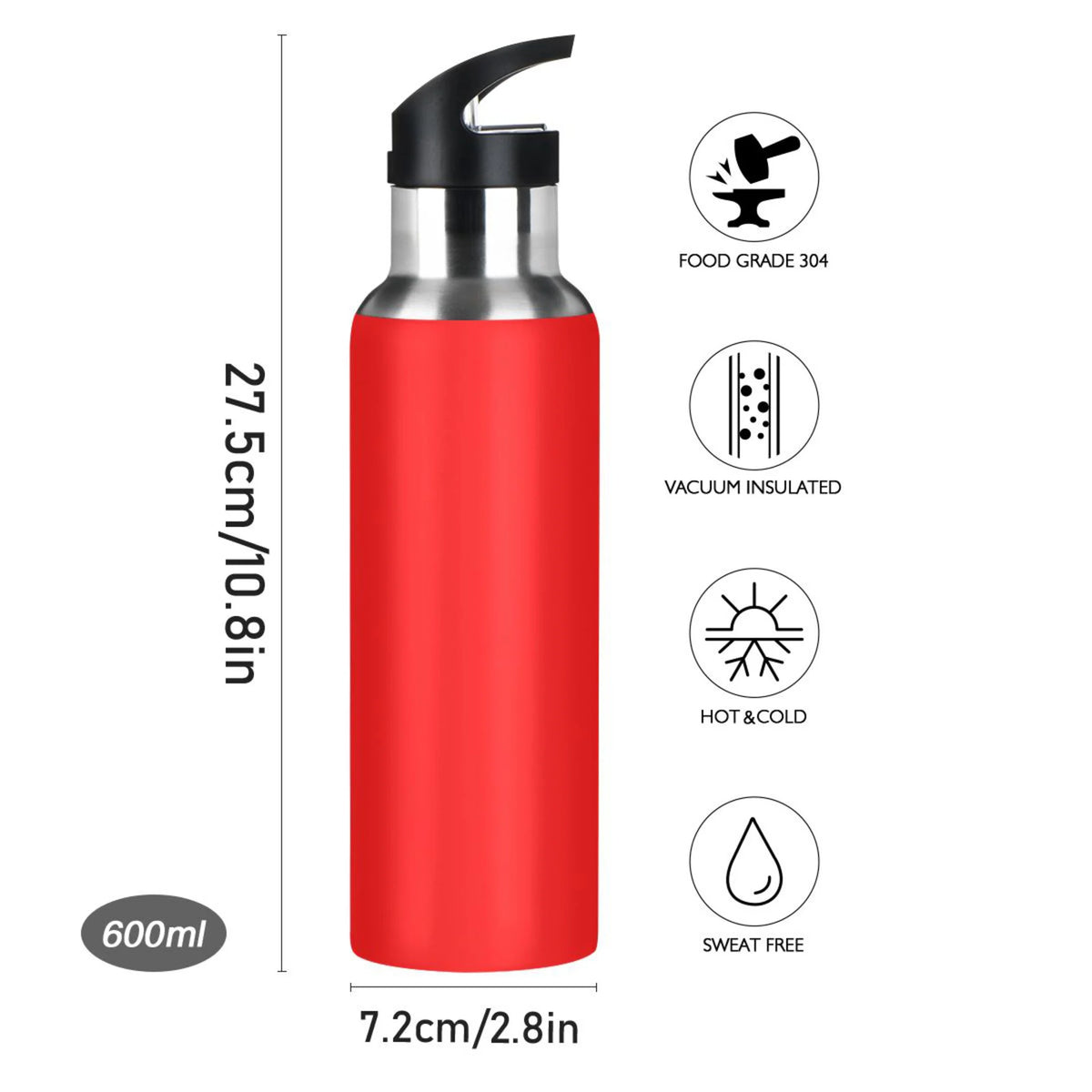 Red Stainless Steel Water Bottle with Straw Lid 20 OZ D610003