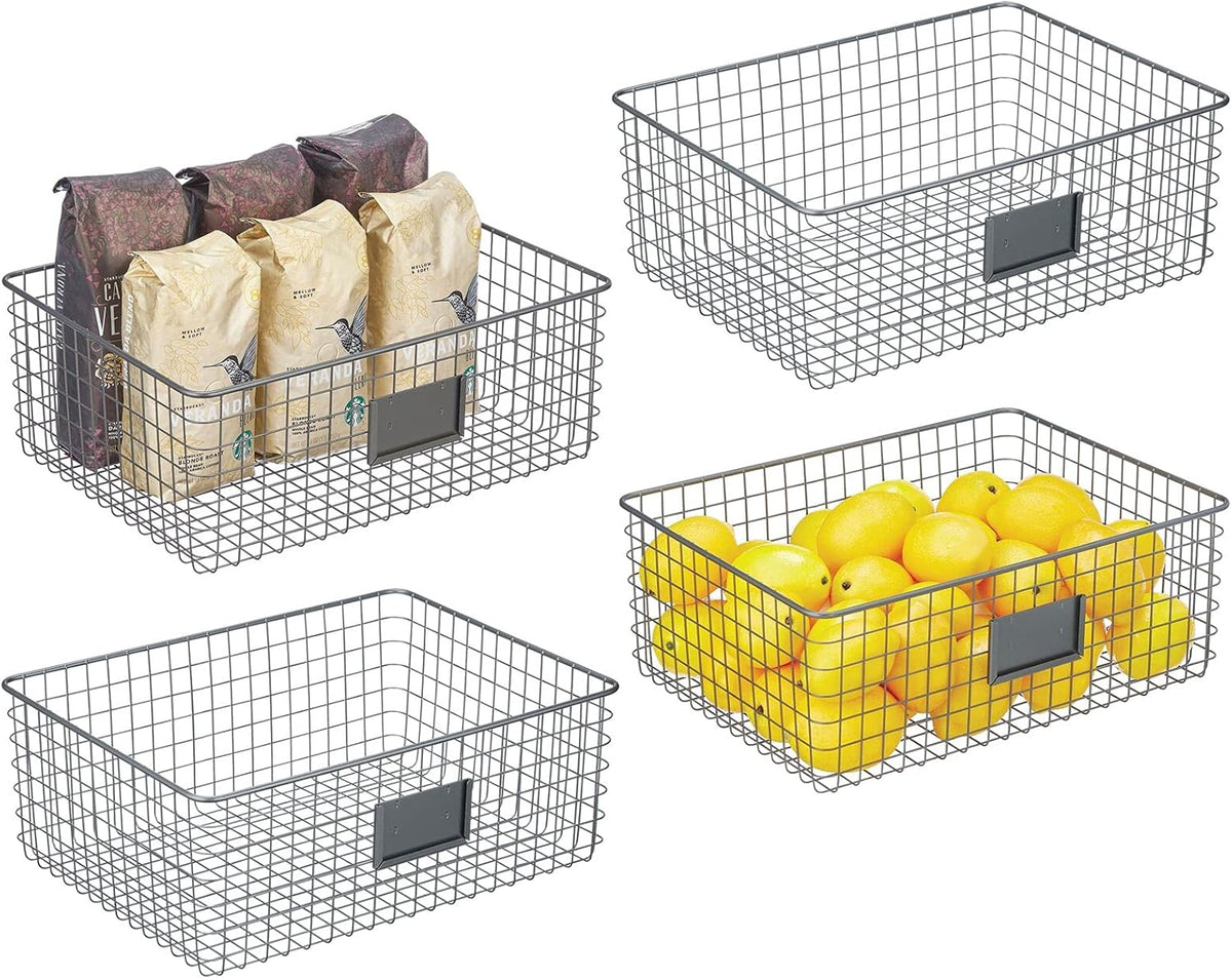 Bronze Metal Wire Food Organizer Storage Bin Basket with Label Slot, 4 Pack Y260011