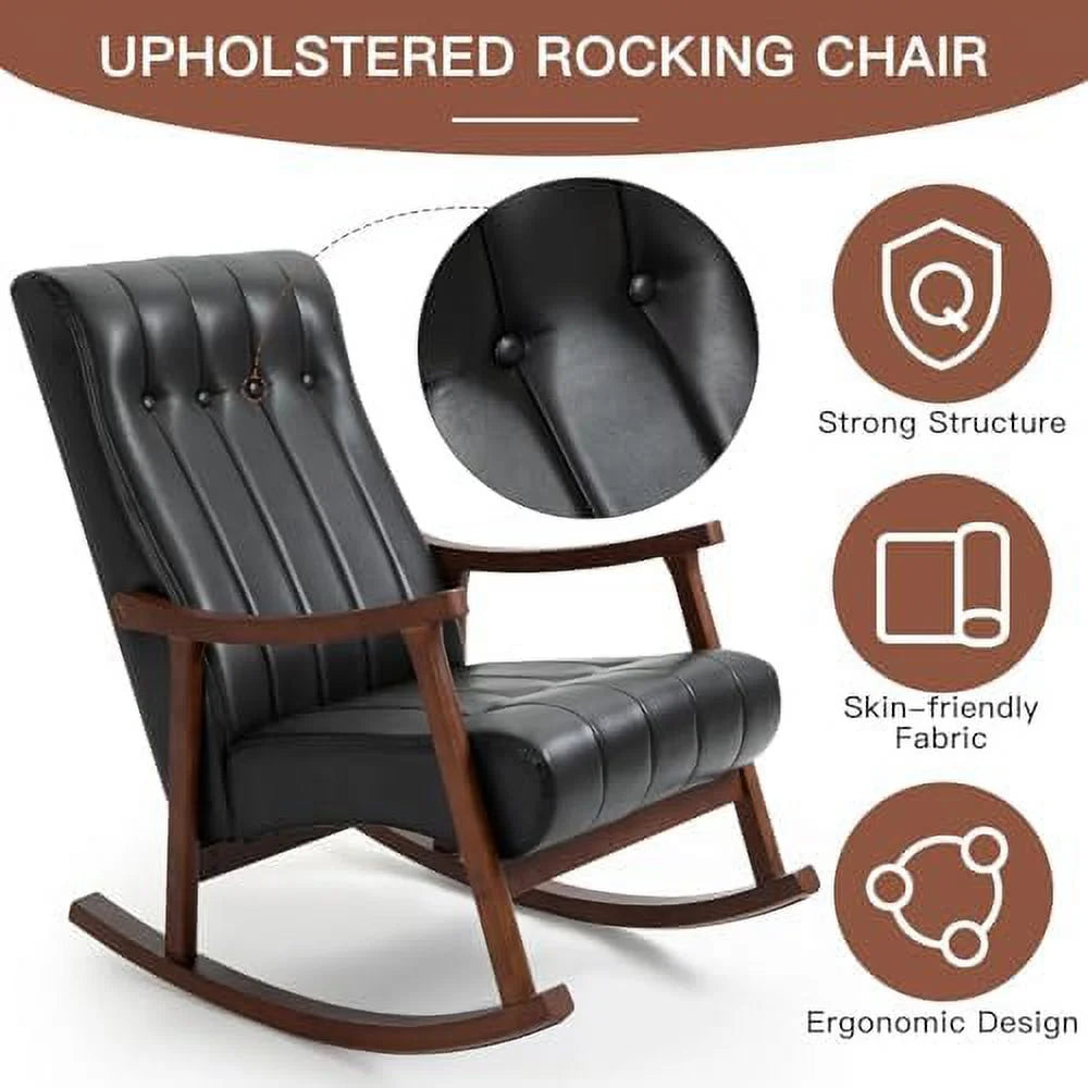 Upholstered Rocking Chair with Fabric Padded Seat Solid Wood High Back Armchair Grey E4479