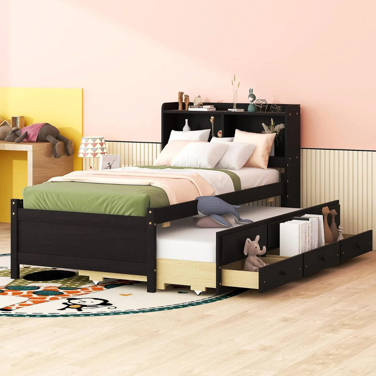 Espresso Wood Bed Frame with Bookcase Headboard and USB Ports R550