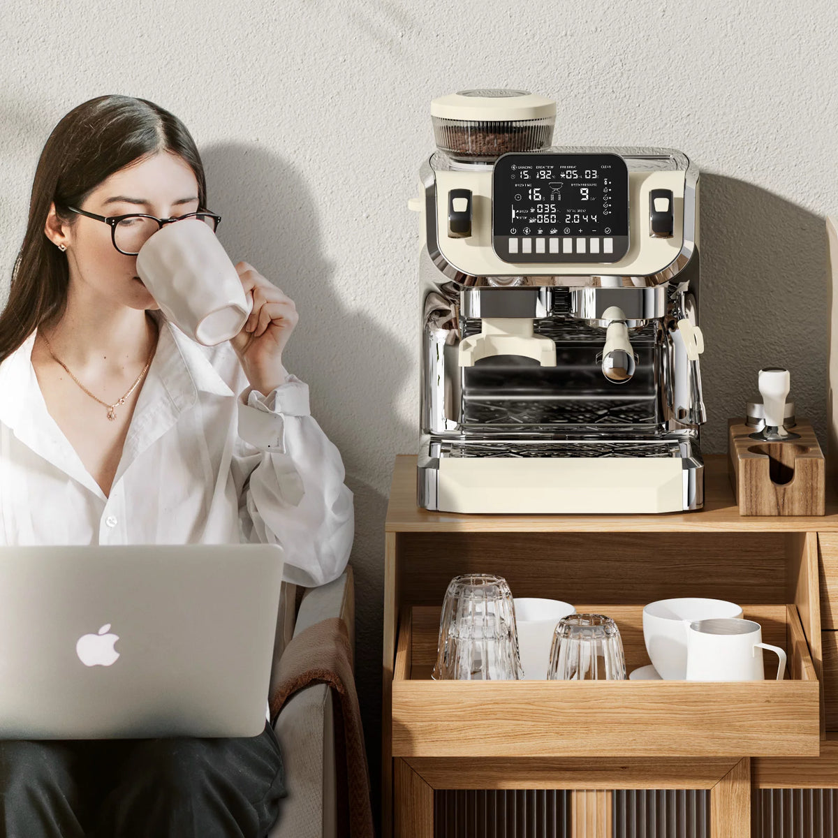 Espresso Machine with Milk Frother, Semi Automatic Coffee Machine with Grinder E7960