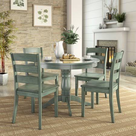 5-Piece Wood Dining Table and 4 Ladder Back Chairs, Dark Sea Green J5852