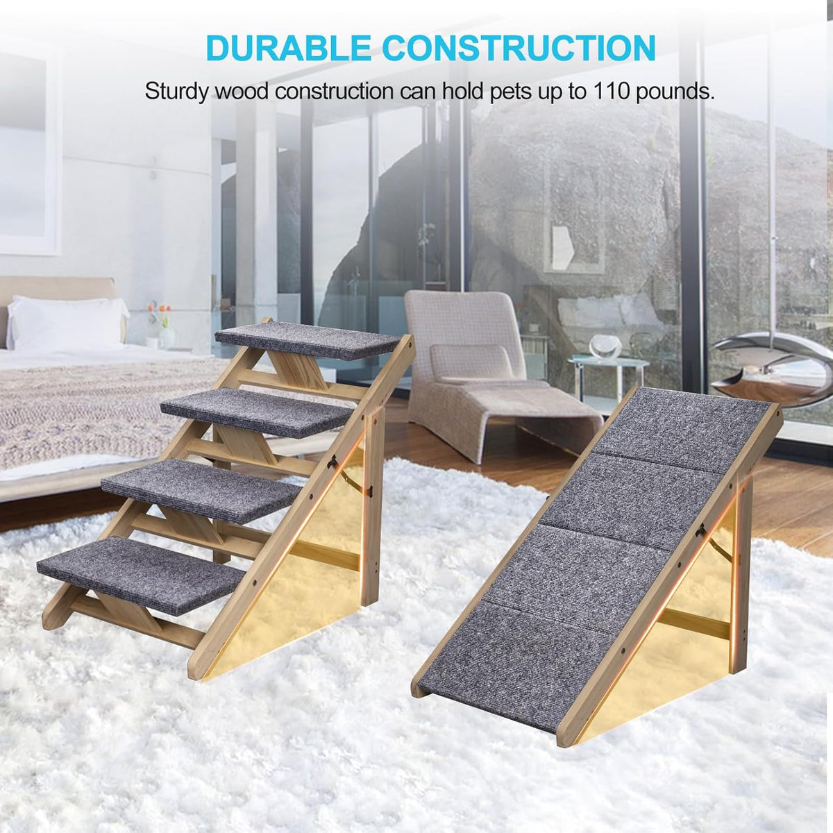 Wood Pet Stairs Foldable Dog Stairs & Ramp with Non-Slip Pads C476