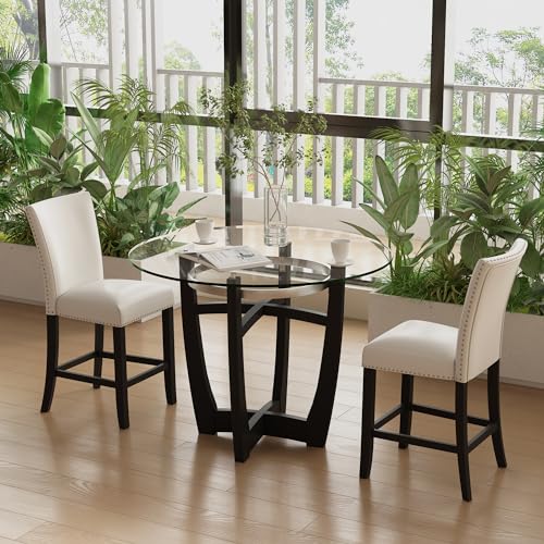Ivory White Set of 2 Glass Counter Height Bar Stools with Upholstered Back W453