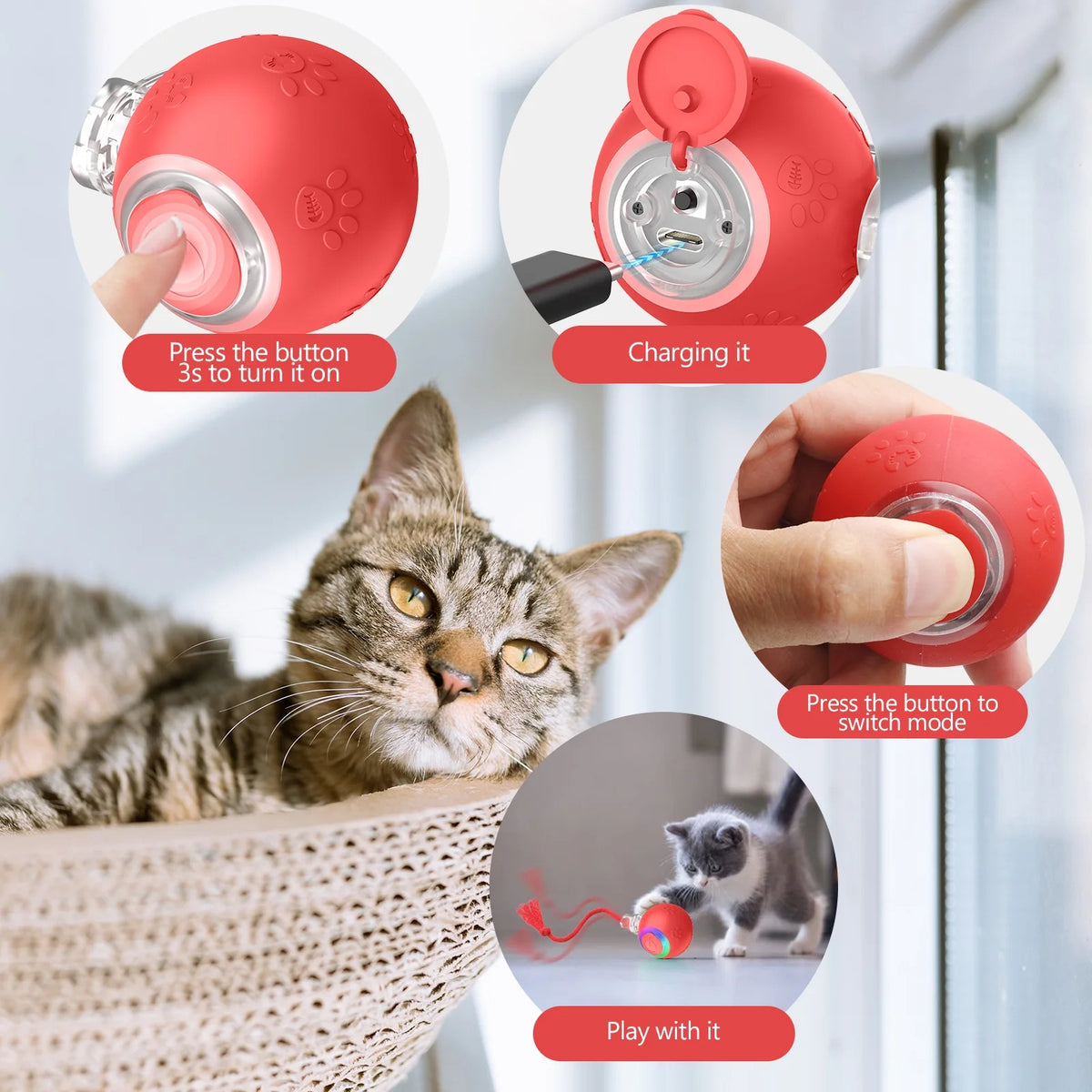 Motion-Activated Rolling Cat Toy with Tail (Yellow) X41142