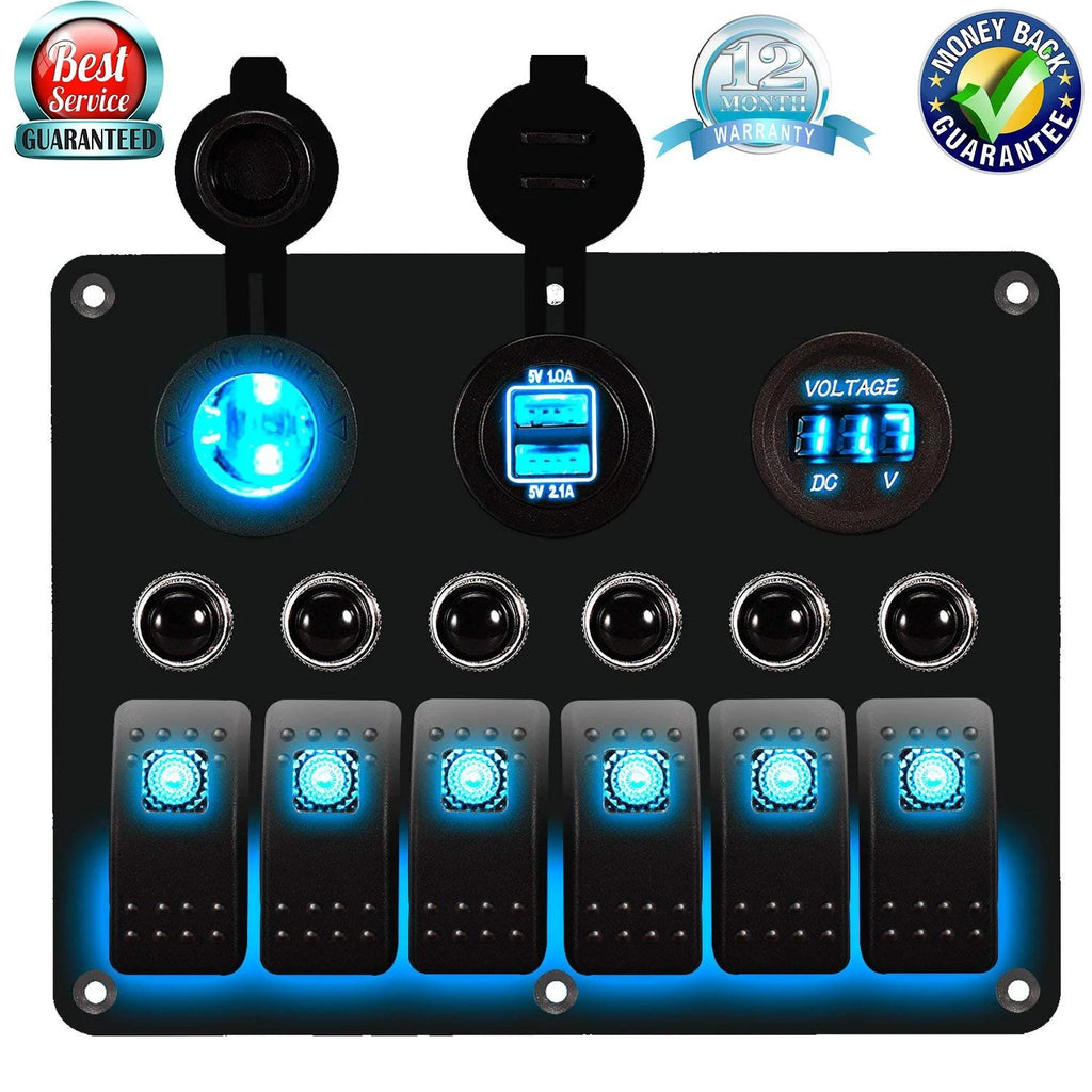 6 Gang LED Rocker Switch Panel Dual USB Waterproof Power Socket F515663