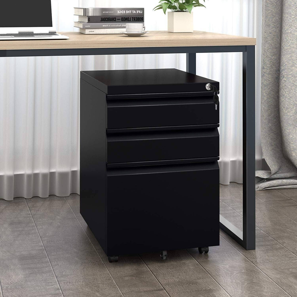 White 3-Drawer Locking Rolling Metal File Cabinet D9672