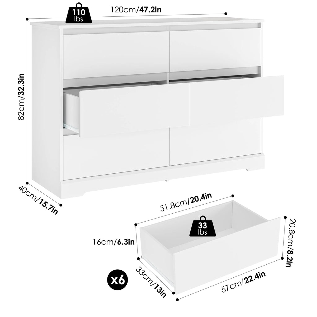 White 6 Drawer Wood Dresser A305