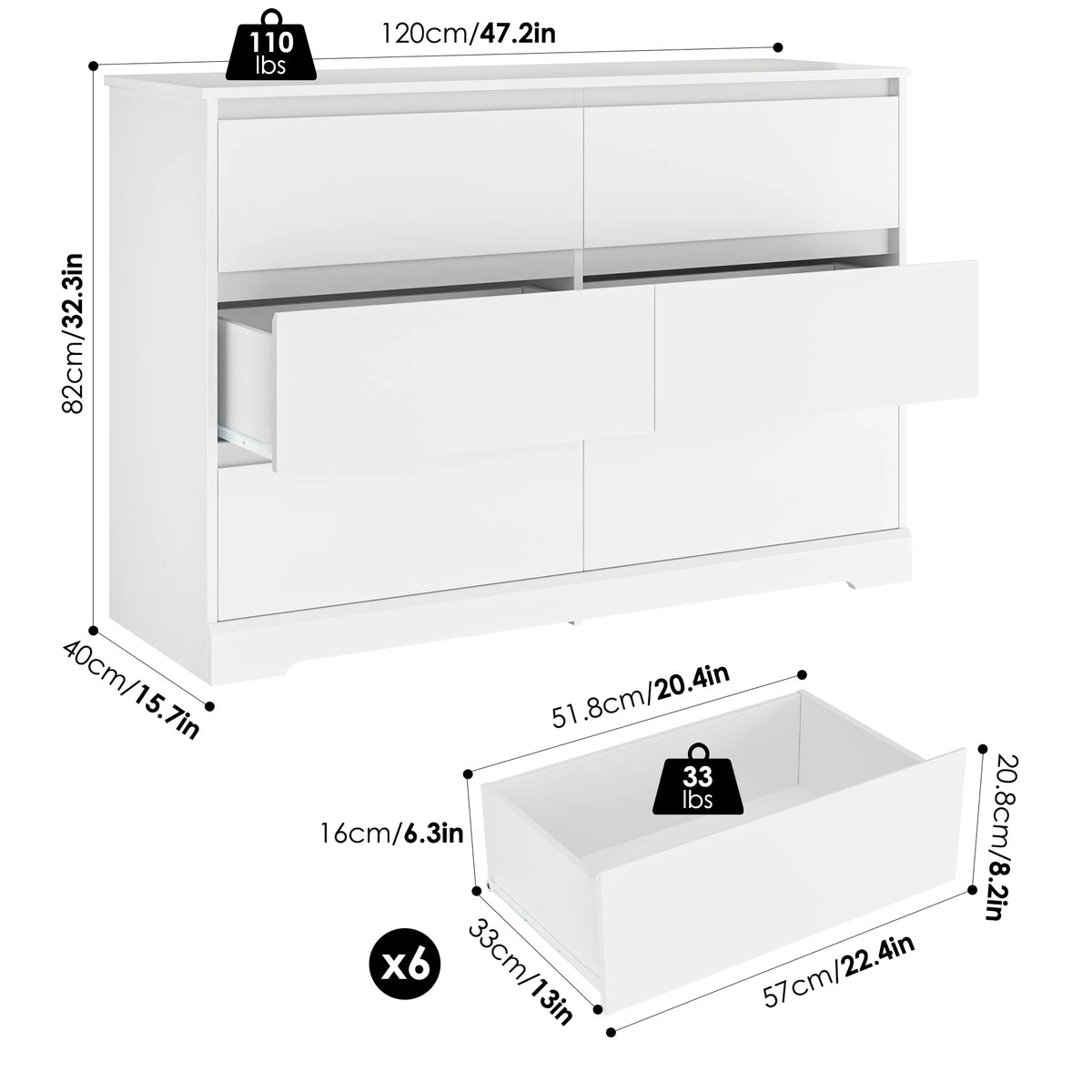 White 6 Drawer Wood Dresser A305
