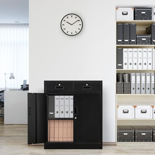 Black Steel Storage Cabinet with 2 Lockable Doors and 2 Adjustable Shelves K382
