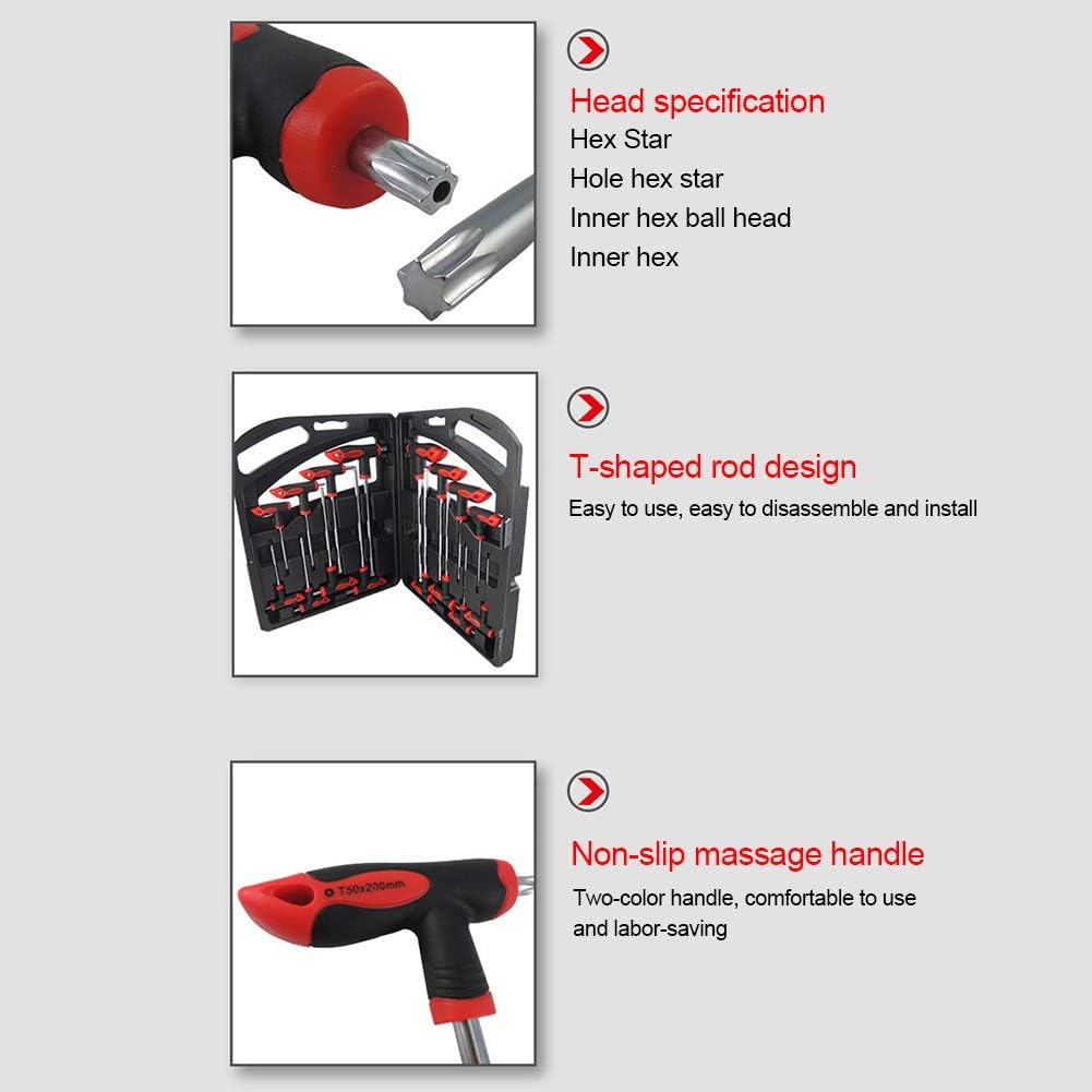 16 pcs T-Handle Hex Wrench Set, Ball End, 75mm-200mm, T10-T50 Q534052