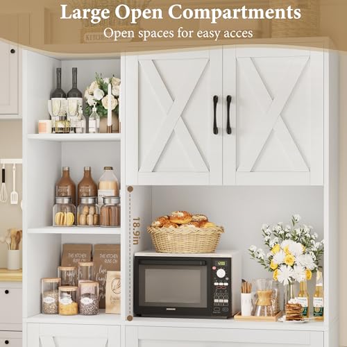 71" Tall Kitchen Pantry Storage Cabinet with Microwave Stand, Barn Doors, Large Drawer and Shelves, Ash Grey Z7990