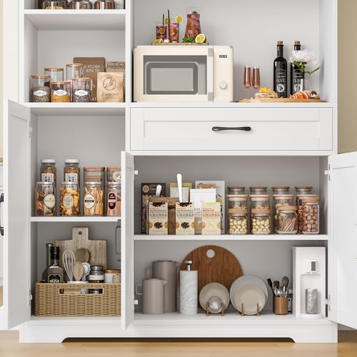 71" Tall Kitchen Pantry Storage Cabinet with Microwave Stand, Barn Doors, Large Drawer and Shelves, Ash Grey Z7990