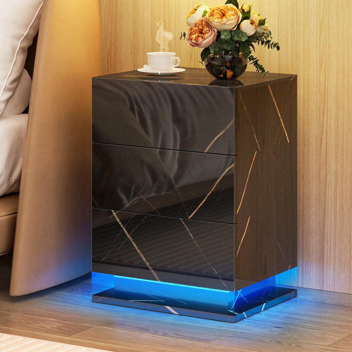 Set of 2 LED Nightstand with Drawer, Marble Black W624239