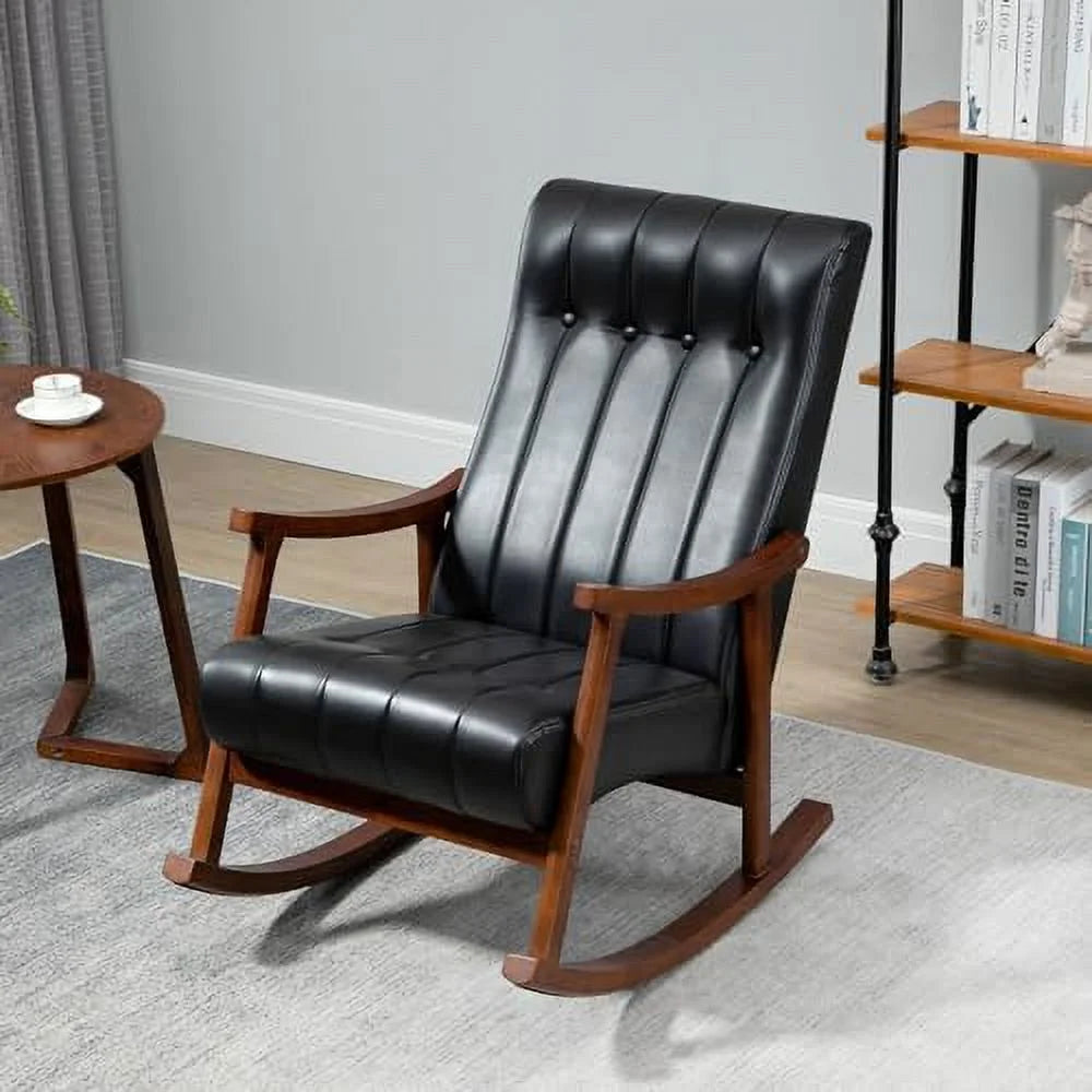 Upholstered Rocking Chair with Fabric Padded Seat Solid Wood High Back Armchair Grey E4479