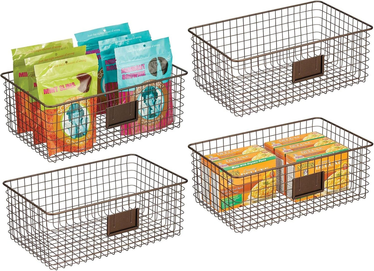 Bronze Metal Wire Food Organizer Storage Bin Basket with Label Slot, 4 Pack Y260011