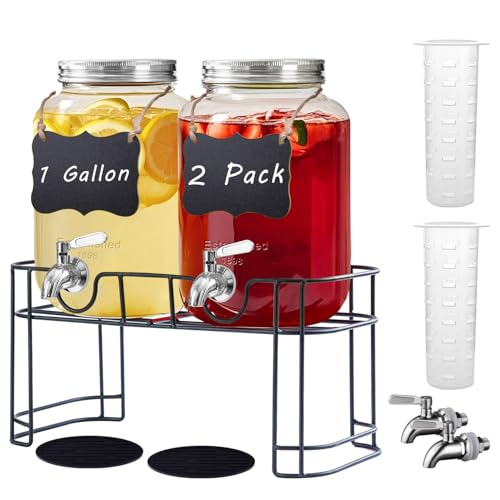 1 Gallon Glass Drink Dispenser with Stand, 2 Pack P667