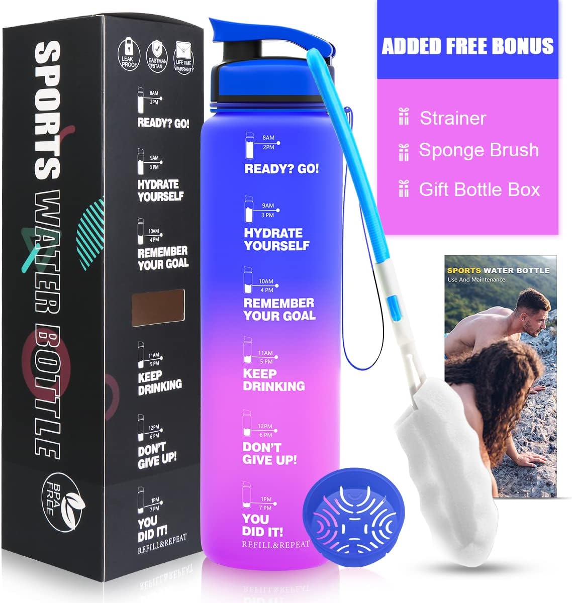 1L Leak Proof BPA Free Reusable Sports Water Bottle J790193