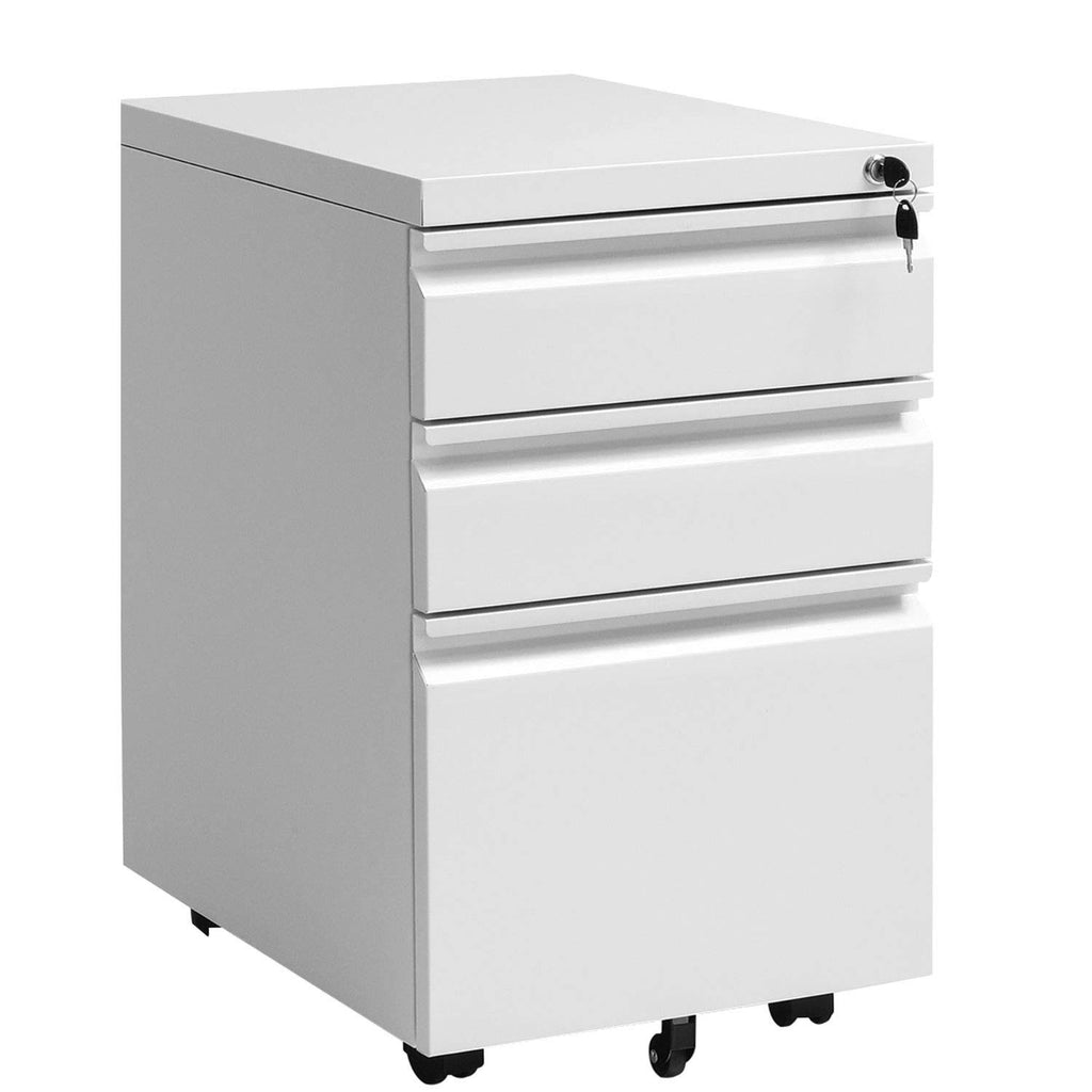 White 3-Drawer Locking Rolling Metal File Cabinet D9672