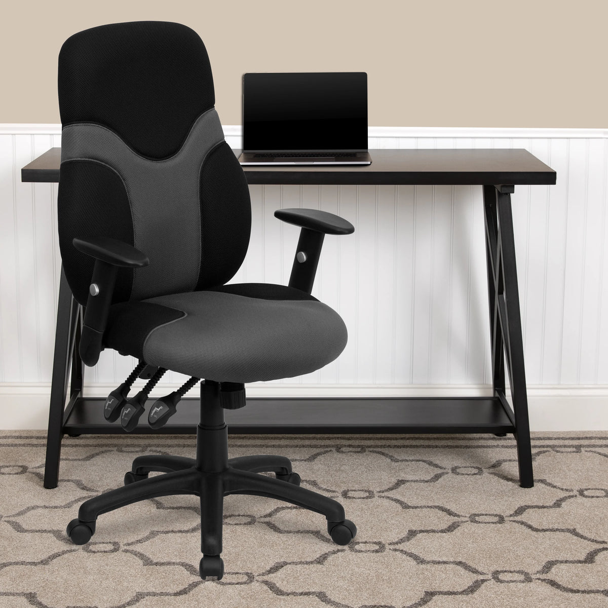 Black and Gray Mesh Swivel Task Office Chair with Adjustable Arms S38267