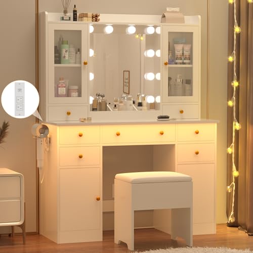 White Vanity Desk with Mirror and Lights C8589