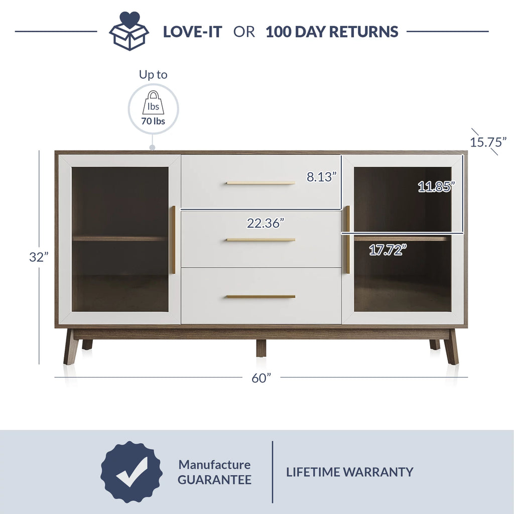 White Sideboard Buffet Cabinet with 3 Drawers & 2 Doors E64735