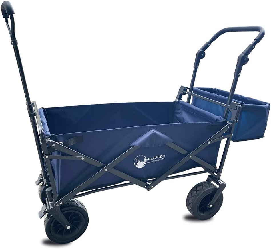 Blue Heavy Duty Collapsible Wagon with Adjustable Push Handle and Brake U690334