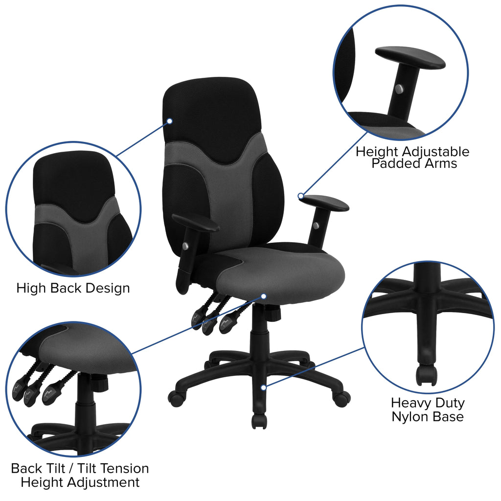 Black and Gray Mesh Swivel Task Office Chair with Adjustable Arms S38267