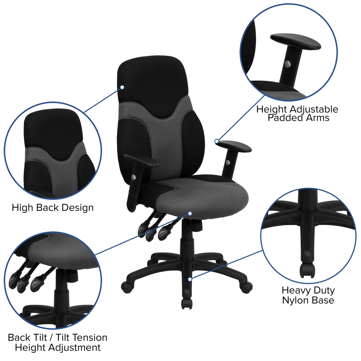 Black and Gray Mesh Swivel Task Office Chair with Adjustable Arms S38267