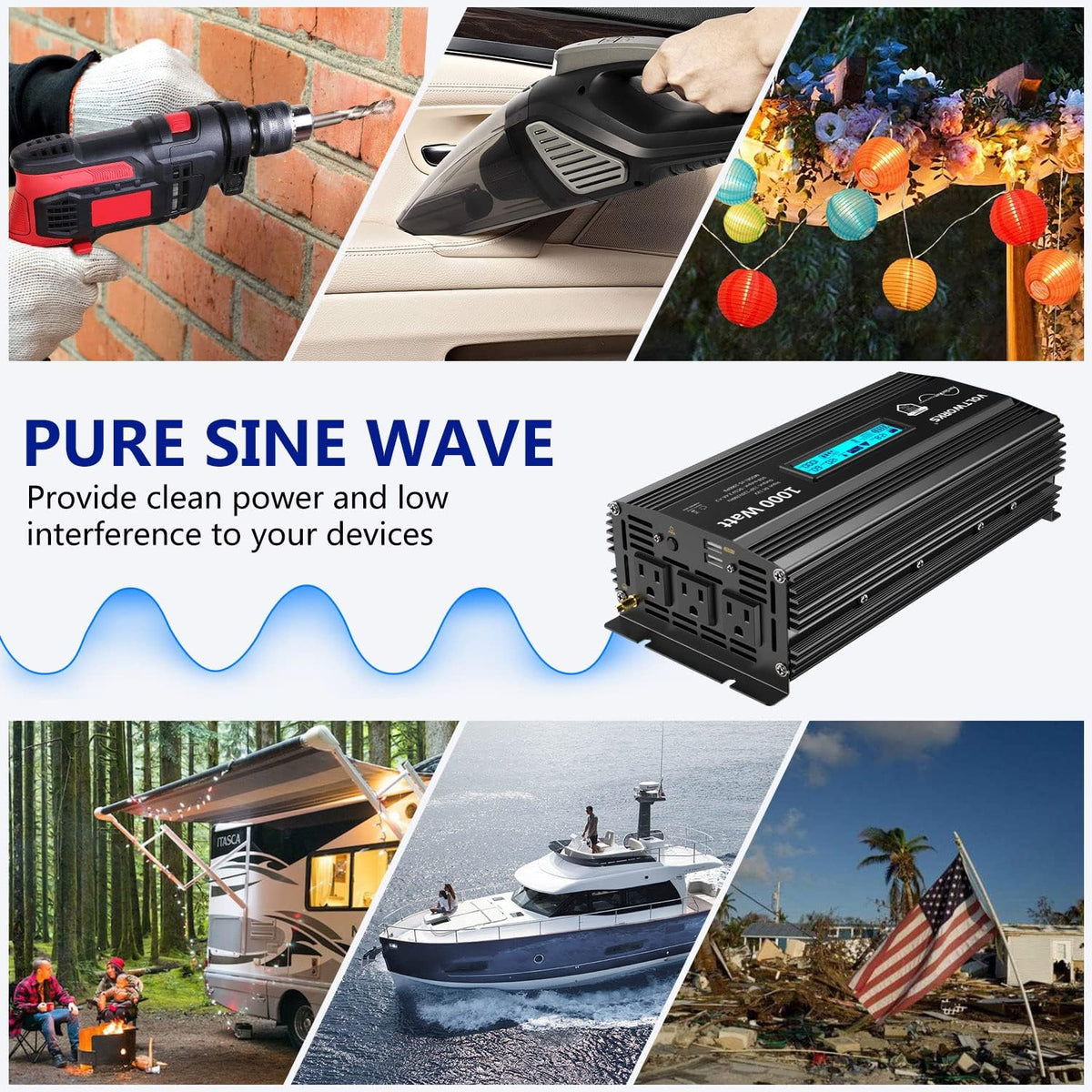 2000Watt DC 12V to 120V AC Car Power Inverter with 2 AC Outlets and LCD Display F95034