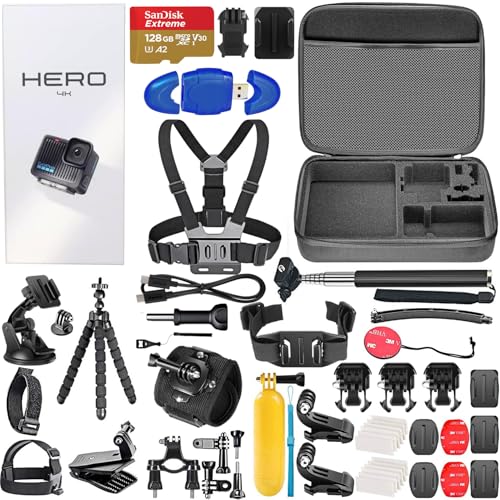 Compact Waterproof Action Camera with 4K, 12MP Photos, Stabilization, 128GB Card, Card Reader, 50 Piece Accessory Kit W6589