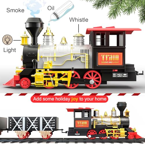 Large Train Cars Christmas Train Set with Real Smoke, Lights and Sounds C858