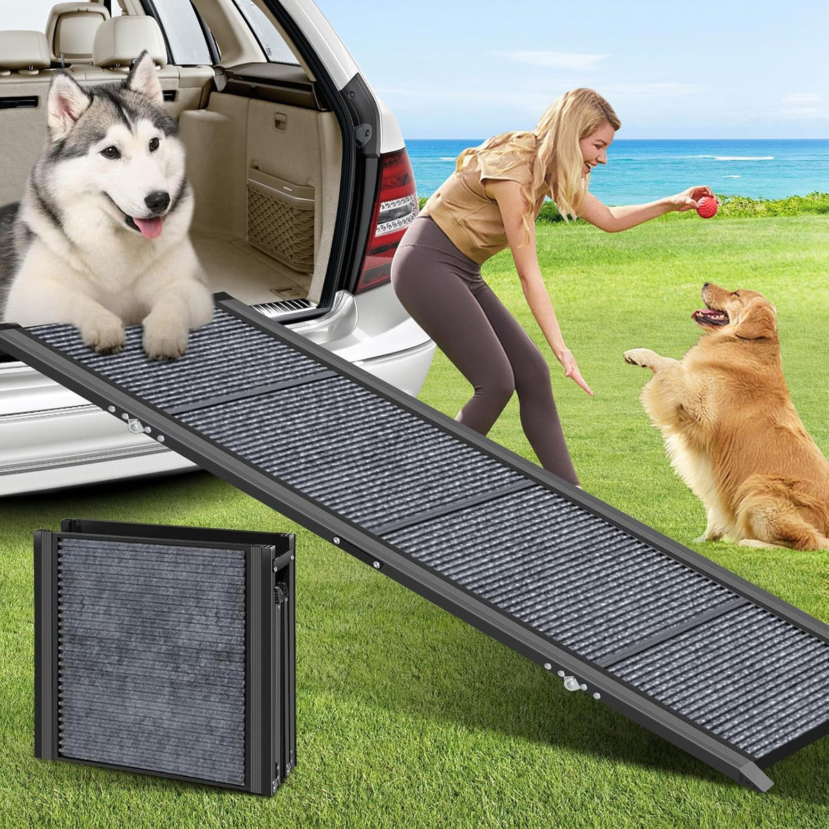 19.7" Wide 67" Long Folding Large Dog Ramp with Non-Slip Surface R573582
